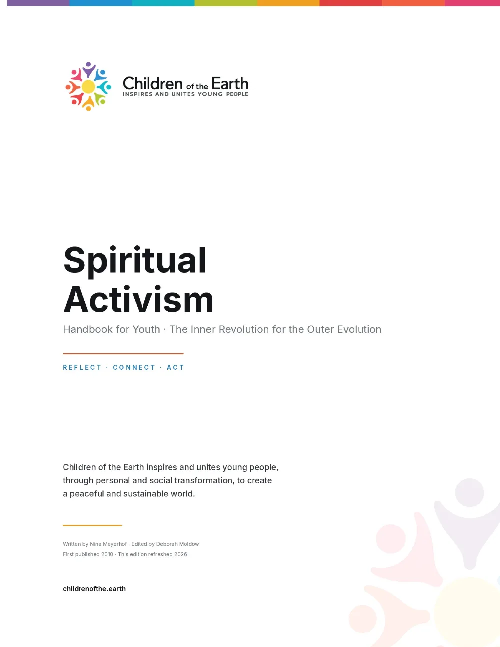 Cover of the Spiritual Activism Handbook by Dr Nina Meyerhof, marked Reflect, Connect, Act